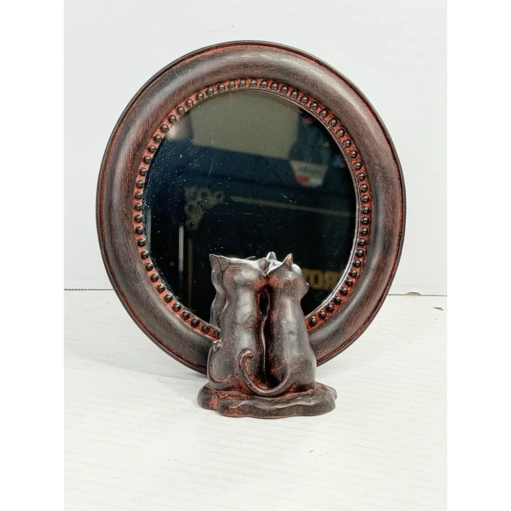 Two Cats Looking in Mirror Oval Tabletop Accent Mirror Polyresin 7